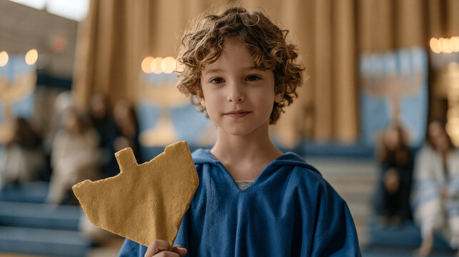 Curly haired boy in a Hanukkah school pageant holding an oversized foam dreidel prop on a gymnasium stage as parents fill bleacher seats and construction paper menorahs decorate