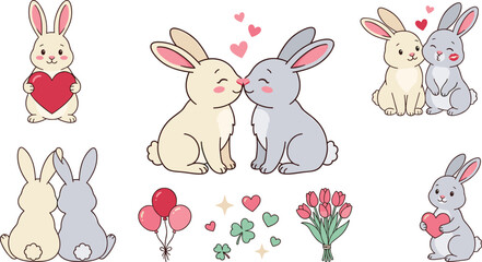 Cute Romantic Bunny Rabbit Collection Featuring Loving Rabbits Hugging Kissing Hearts Flowers Balloons and Valentine Cartoon Character Illustrations