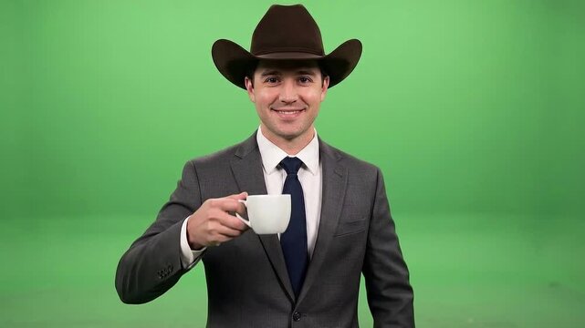 Video: a man holding a cup of coffee and tea, green screen background, beverage commercial, man in a cowboy hat