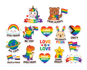 Fototapeta premium A collection of cute cartoon LGBTQ+ pride stickers featuring animals, symbols, and positive messages like 