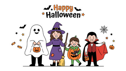 Fototapeta premium Happy Halloween Costume Party: A group of children dressed in festive Halloween costumes, including a ghost, witch, pumpkin, and vampire.