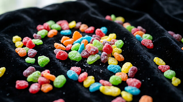 Vibrant Assortment of Fruity Candy Pebbles Scattered on Black Velvet Fabric