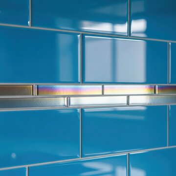 A close-up view of a polished ceramic backsplash featuring a decorative highlight border that reflects soft light in a modern kitchen setting, mosaic, glossy, kitchen