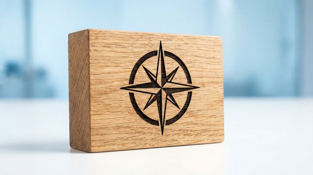 Wooden block with compass rose engraving, symbolizing direction and navigation