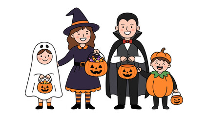 Halloween Family Fun: A family dressed in charming Halloween costumes, including a ghost, witch, vampire, and pumpkin, stands together, ready to go trick-or-treating with their candy buckets. © Nusaybah