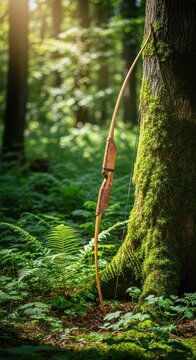 A handcrafted wooden longbow leans against a mossy tree trunk in a dense, sunlit forest, surrounded by tall ferns and wild green foliage, sunbeams, arrows, scenery