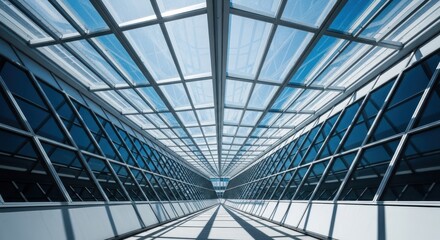 Obraz premium A striking view of architectural glass and steel beams converging at a sharp point, highlighting geometric shapes and shadow play in sunlight, urban, minimalist, structure