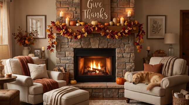 Cozy living room with fireplace decorated for Thanksgiving celebration  