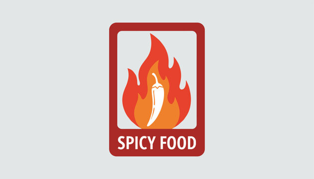 Spicy food logo design featuring a white chili pepper surrounded by hot orange flames inside a red frame.