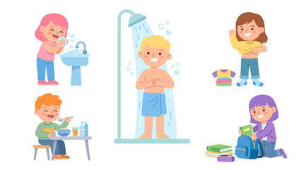 Fototapeta premium Children Engaging in Daily Routines Like Bathing and Studying During Playful Moments