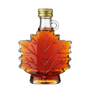 Maple syrup bottle with leaf design on white background