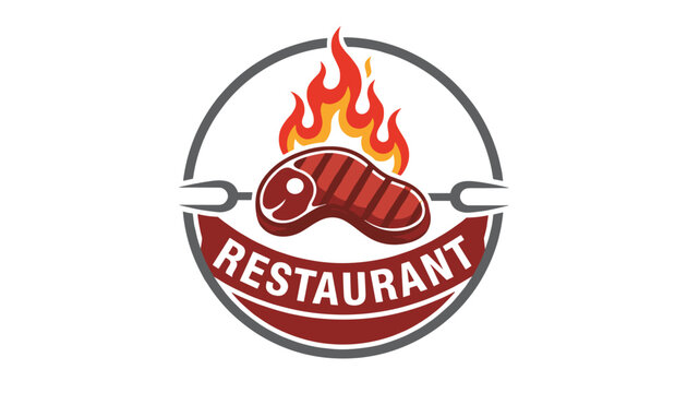 Barbecue grill steak restaurant logo design featuring grilled meat on a spit with hot flames inside a circular badge emblem.
