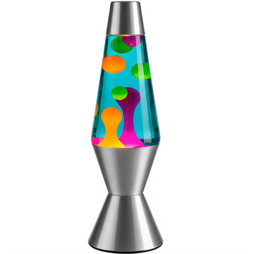 Colorful lava lamp with swirling patterns on a reflective base