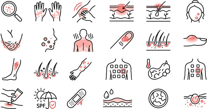 Set of Dermatology and Skin Care Icons Representing Various Skin Diseases, Allergies, and Medical Treatments