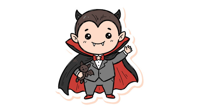 Cute Vampire Character: A charming, stylized vampire boy, dressed in a suit and cape, waves hello while holding a small bat toy, ready for Halloween festivities.
