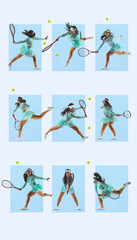 Fototapeta premium Female tennis player collection in dynamic action poses isolated for sports design. Concept of sports advertising, tournament promotion, athletic branding, poster layouts, and summer sport marketing.
