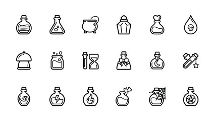 Black and white set of magic potion and laboratory icons © Shibu Pada Ghosh