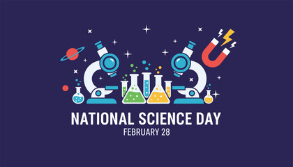 Naklejka premium Creative educational graphic celebrating national science day with microscopes, beakers, magnets, and planets.