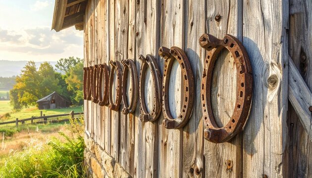 Row of rusty iron horseshoes hanging on a weathered wooden barn wall in scenic countryside landscape at sunset
