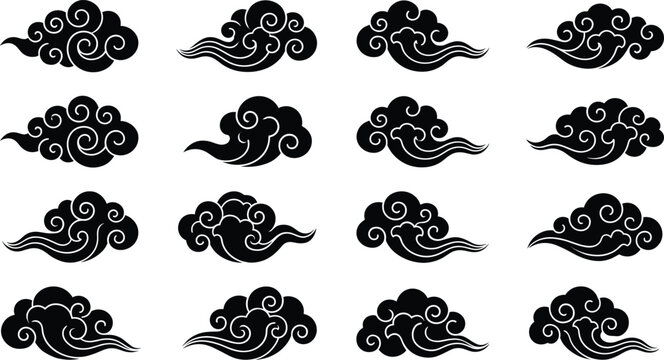 Traditional Chinese auspicious cloud vector silhouette set for oriental decorative design and Asian art patterns