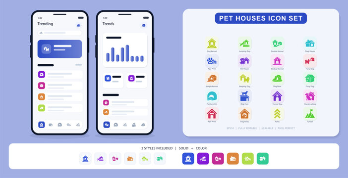 Mobile app interface for trending pet services and houses with icon set for pet shelters and animal homes displaying user interface.