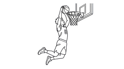 Basketball player performing a slam dunk action. © bogel