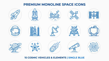 Blue circular space vehicle and cosmic icons © bogel