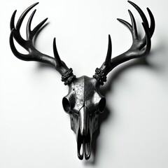 Fototapeta premium Black forged metal deer skull hangs on white wall. Industrial style animal head sculpture with textured iron antlers. Minimalist handcrafted rustic art piece for gothic home decor. Metallic trophy