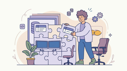 Fototapeta premium person completing a data puzzle with computers and office elements while working on business solutions