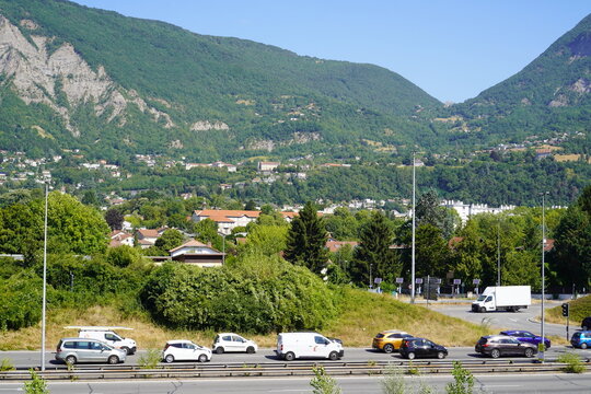 Guided visit to the Centre de Tri Athanor recycling and waste sorting facility in Meylan&ndash;La Tronche, France. View from the center's window. 