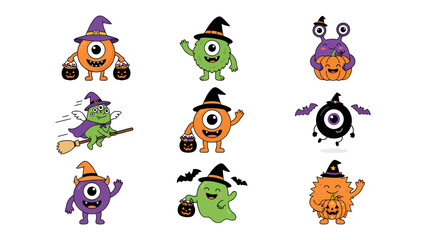 Fototapeta premium Halloween Monster Collection: A whimsical set of nine cartoon monsters and creatures, dressed in Halloween costumes like witch hats and carrying candy buckets, celebrating the spooky season.