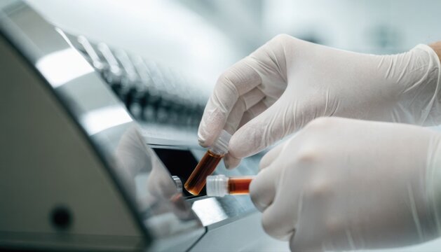 A gloved hand holding a blood sample tube near a medical testing machine, indicating laboratory analysis or diagnostic testing.