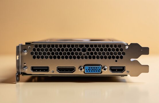 Back panel of modern computer graphics card with ventilation grill. View shows metal bracket with HDMI display port, VGA connectivity interface. High tech hardware component for desktop pc system