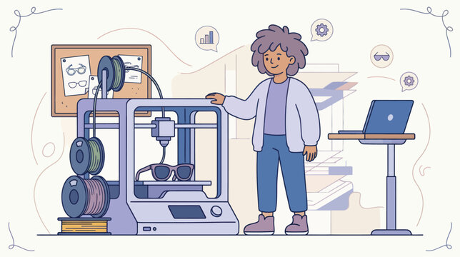 Young designer creating custom glasses with 3D printer and laptop in workshop mood