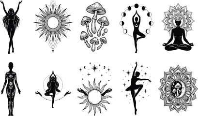 Mystical yoga goddess and celestial sun vector element collection featuring meditating women silhouettes moon phases mandalas and magic mushrooms © MdShoriful