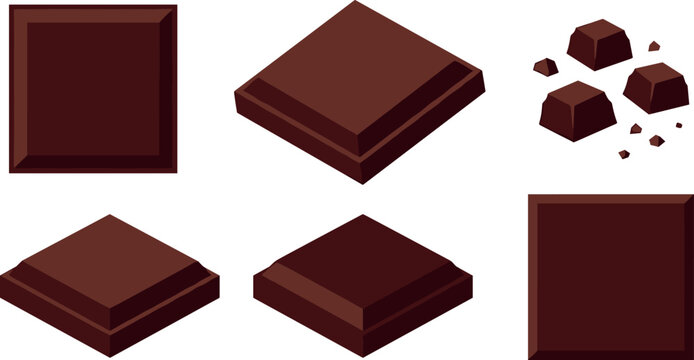 Dark chocolate bar squares vector illustration set with isometric pieces and small chunks isolated on white background for confectionery dessert menu design