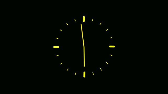 Minimalist yellow analog clock with rapidly rotating hands on a black background featuring an alpha channel for motion graphics and video overlays
