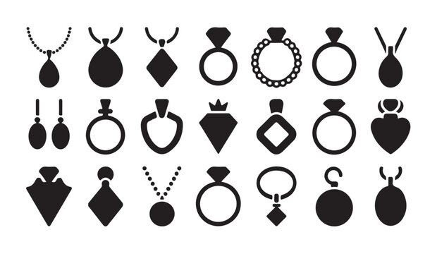 Monochrome solid jewelry icons set featuring various necklace ring and earring designs.