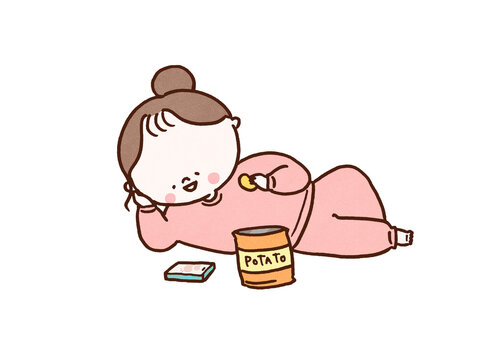 Woman lying down in pajamas eating potato chips while watching videos on her smartphone, lazy holiday or relaxing me-time concept