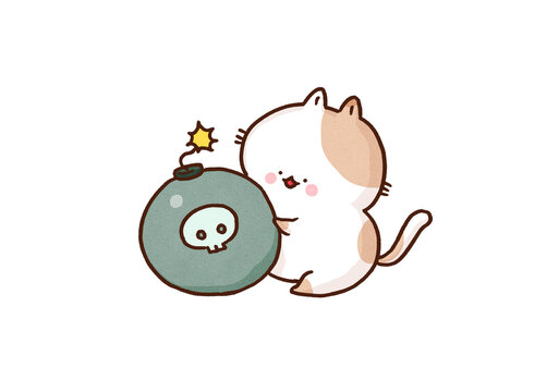 Curious cat touching a bomb with a skull mark out of interest, curiosity killed the cat idiom concept
