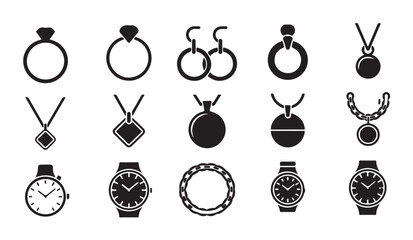 Elegant jewelry line icons showing rings necklaces watches and earrings for fashion retail. © Md Rony