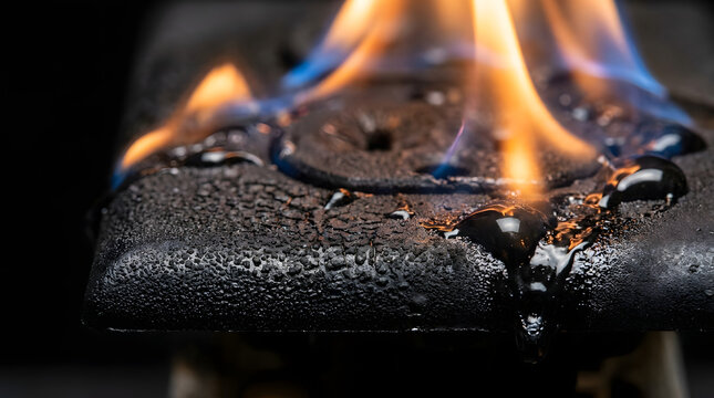 Black plastic object melting in bright orange flames with dripping liquid resin against a dark background in close up macro