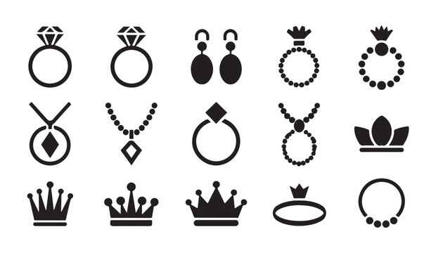Luxury jewelry and royal crown icons including diamond rings and pearl necklaces in black.