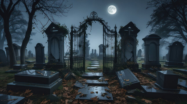 halloween night scene with cemetery	