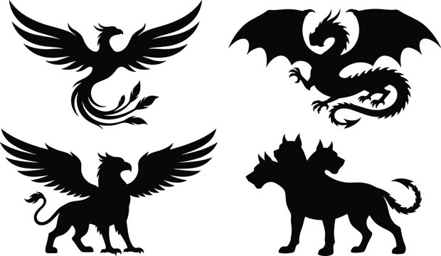 Mythological creatures and fantasy monsters black silhouette icons set featuring dragon phoenix griffin and cerberus