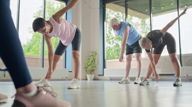 Diverse group of senior and middle aged people doing stretching exercises in gym class. Perfect for promoting active aging, senior wellness programs, and healthy lifestyle marketing campaigns
