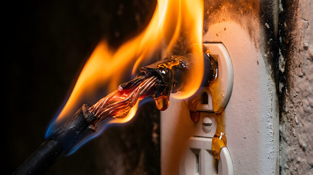 Electrical wire burning inside a wall power outlet showing extreme danger with melting plastic and bright orange flames closeup view