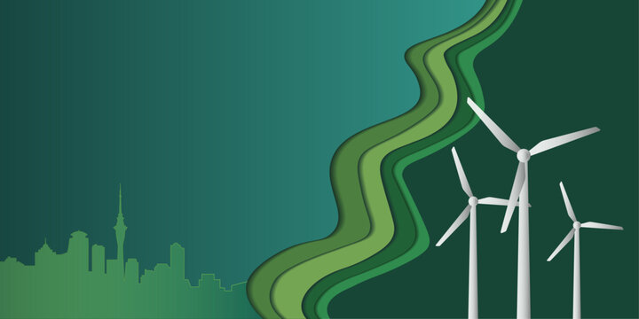 Auckland city skyline papercut vector background with wind turbines, green sustainable energy concept with copy space