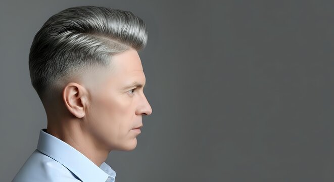Young man with short, styled silver-gray hair and fade haircut wearing light blue shirt in profile view against neutral background for grooming and barbershop concepts.