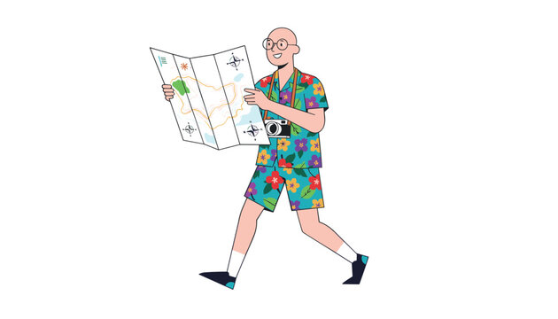 Excited bald tourist in a bright floral hawaiian shirt and shorts holding a paper map while walking on a journey.